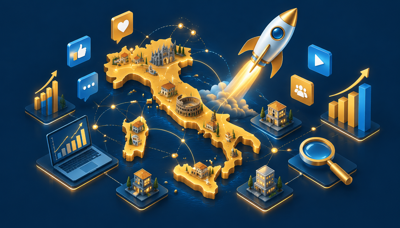 Illustrazione: un razzo WebBoost decolla sulla mappa digitale dell'Italia, circondata da social, grafici e strumenti di marketing